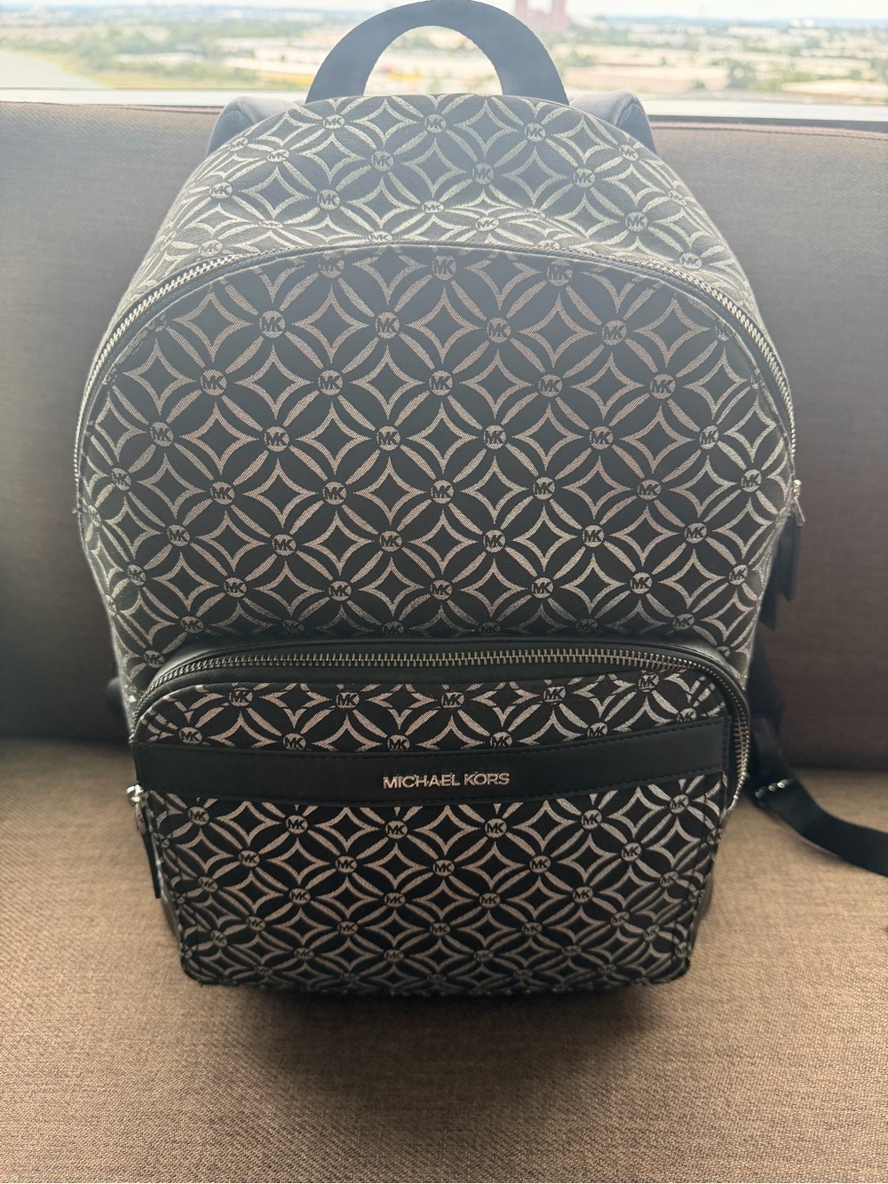 Michael Kors Black Silver MK Monogram Logo-Patterned laptop Backpack large